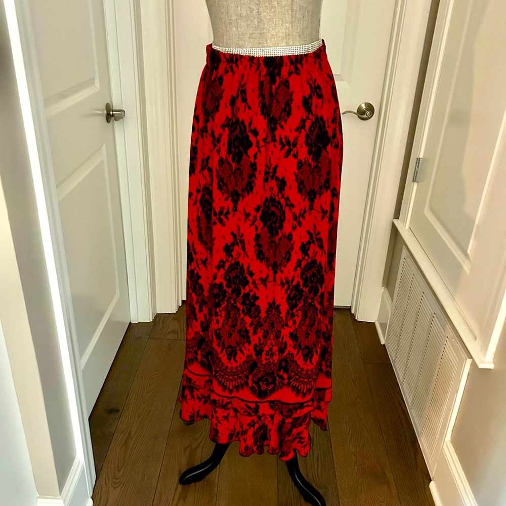 Vintage 80’s Hana Lori Maxi Red & Black Skirt Floral Peasant Whimsigoth Size M